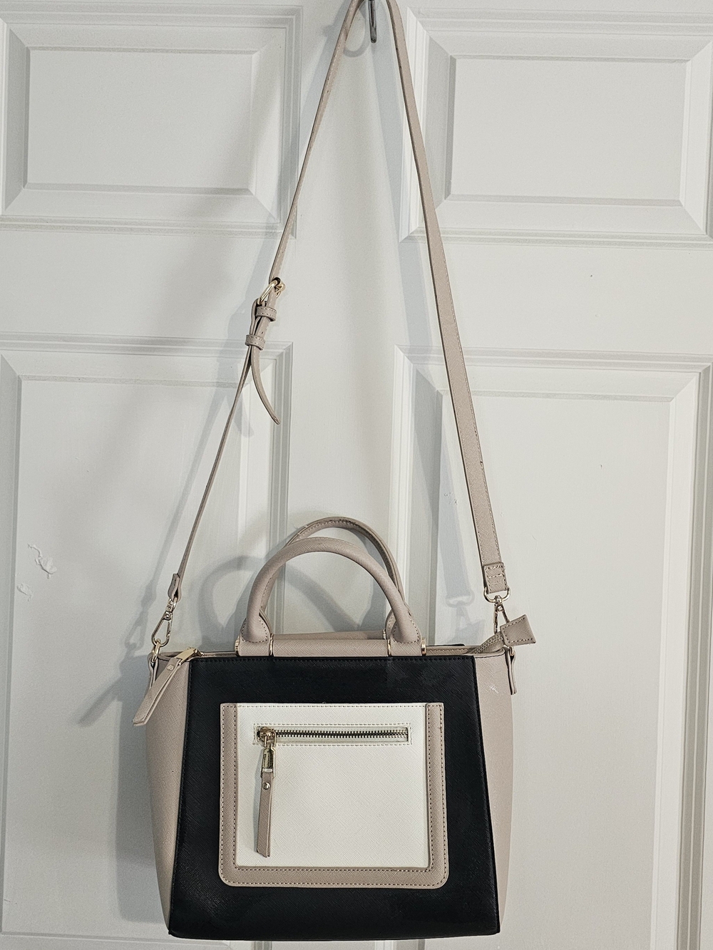 Madison West Beige, Black & White Two-Tone Structured Satchel